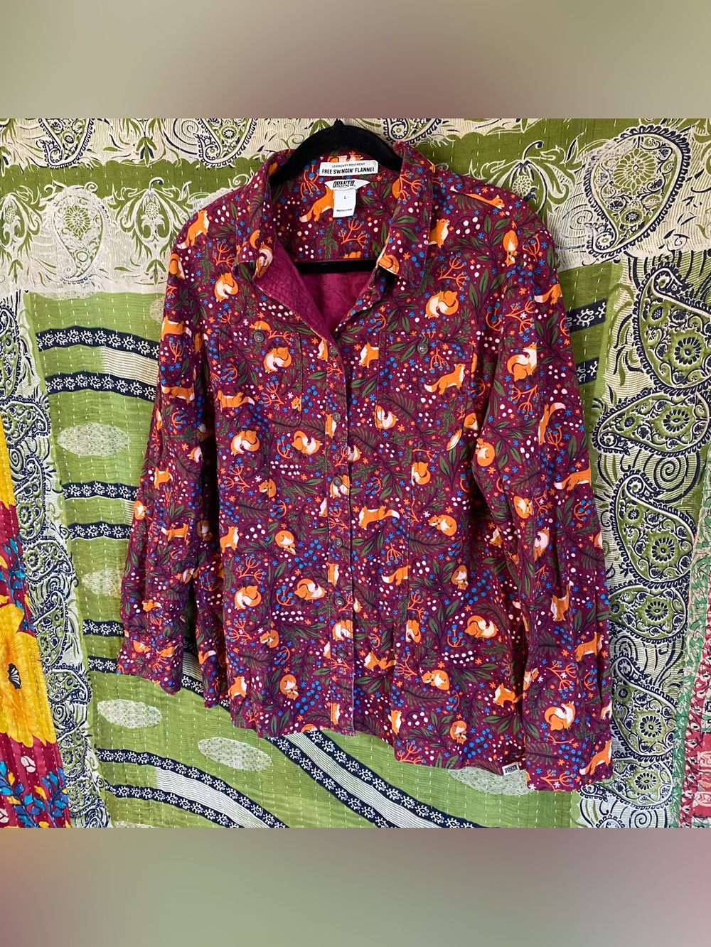 Duluth Trading Co Sangria Fox Free Swinging Flannel Shirt Large Autumn Whimsical - Picture 5 of 14